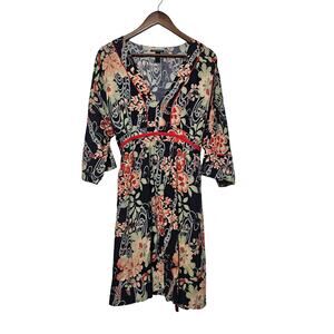 Lucky Brand Midi Dress Womens Size L Navy Floral Kimono Sleeve Boho Cottage NWOT